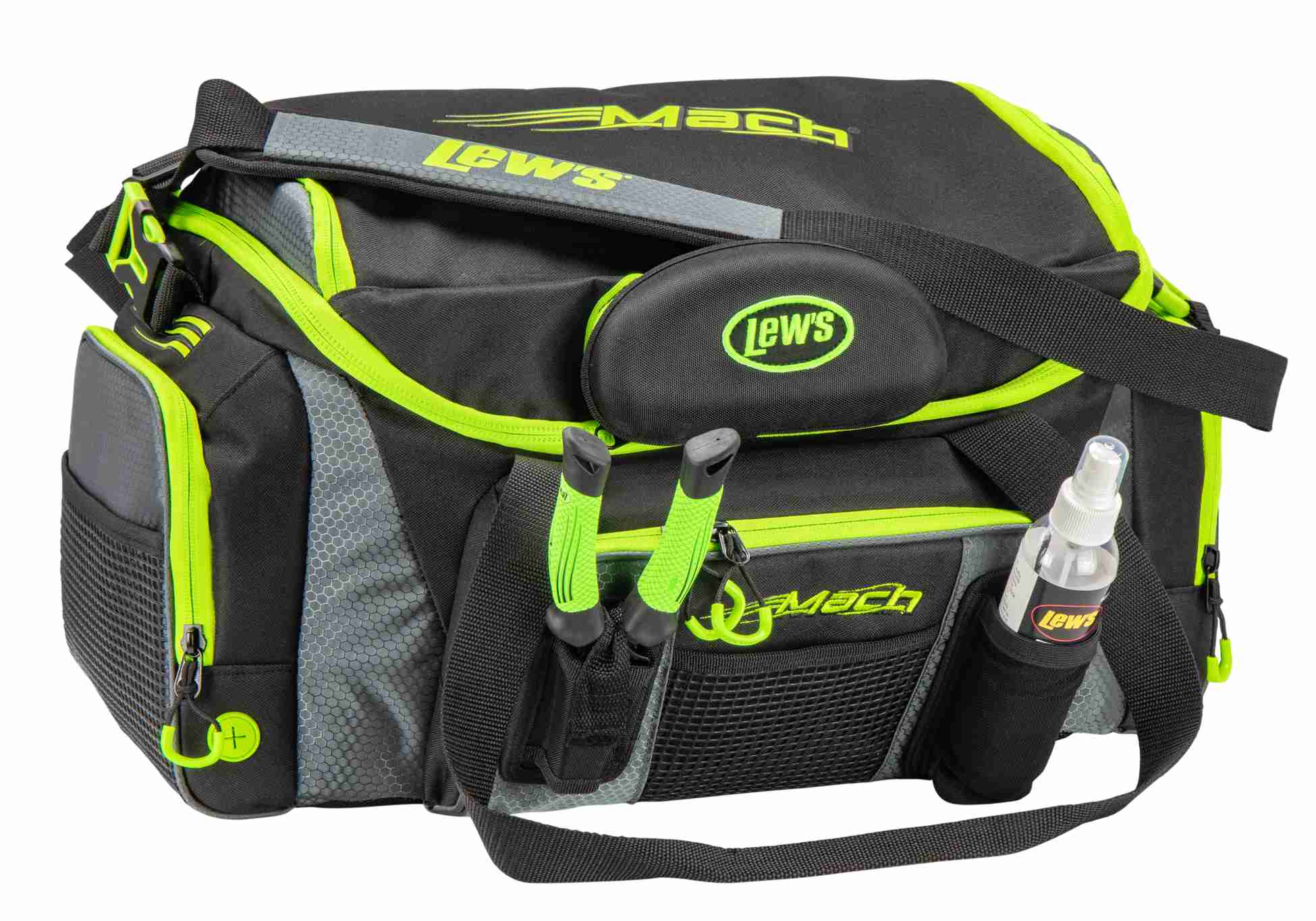 Close-up of Lew's Mach fishing tackle bag in green and black