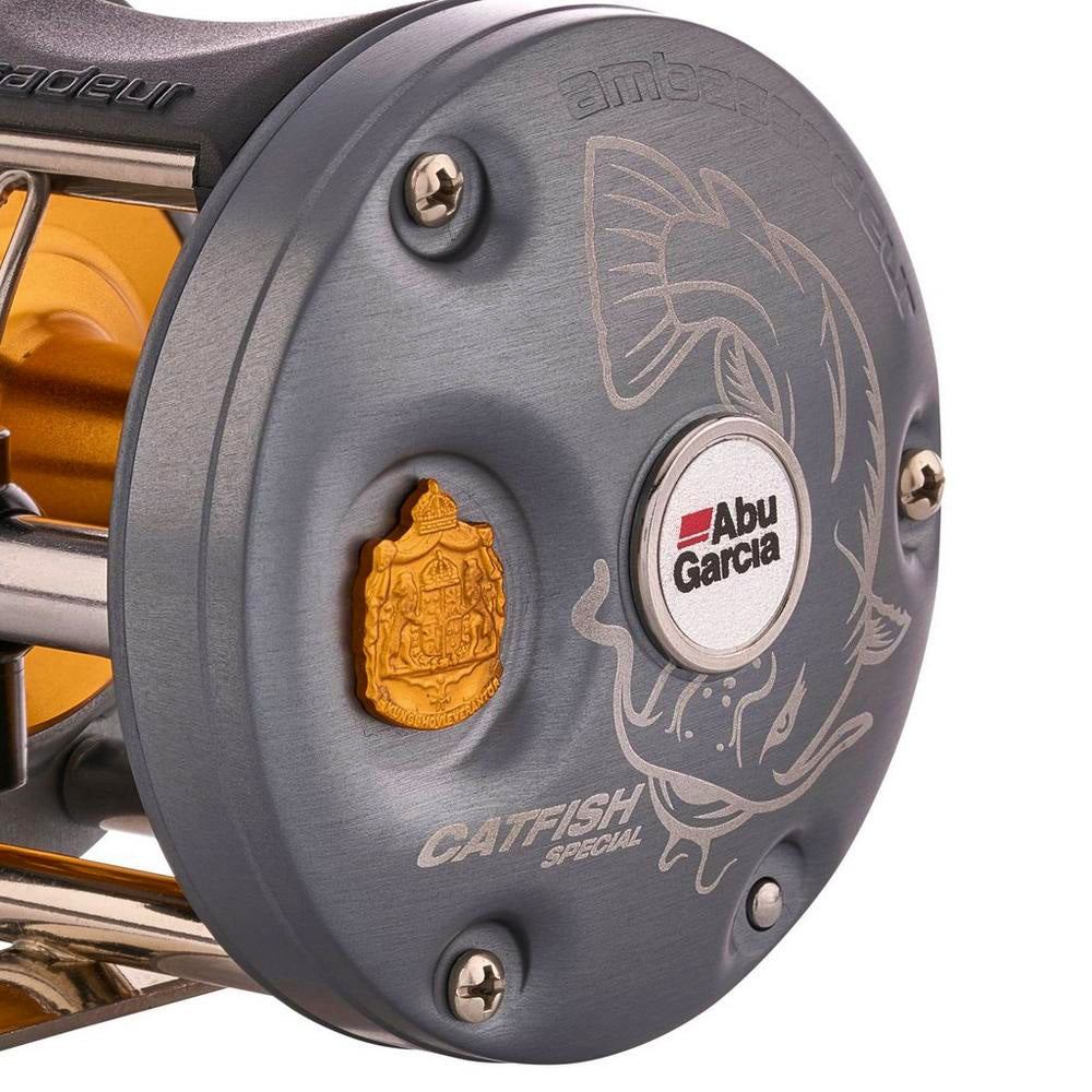 Abu Garcia C3 6500 Catfish Special Round Reel close-up showing the engraved catfish logo