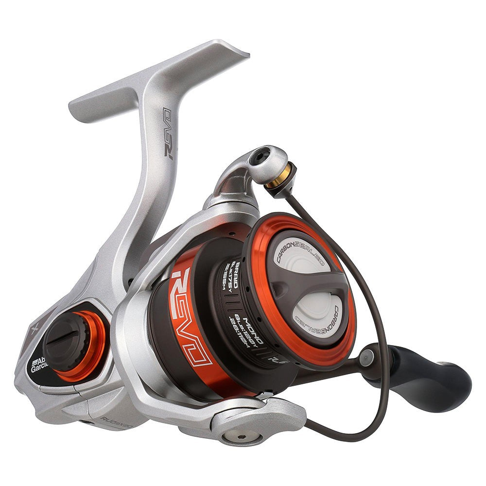 Front angled view of the Abu Garcia Revo3 X SP20 spinning reel, highlighting the smooth drag system and ergonomic handle.