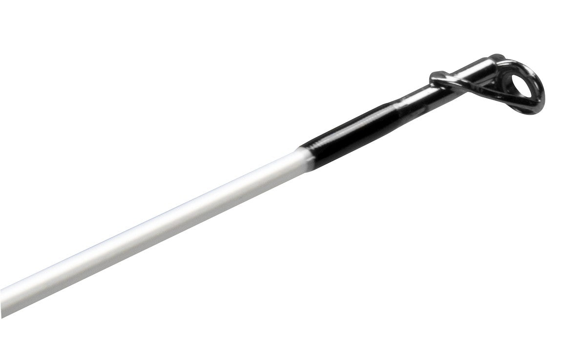 Side profile of the Lew's Mach 1 spinning rod, focusing on the uniform guides and sleek finish.