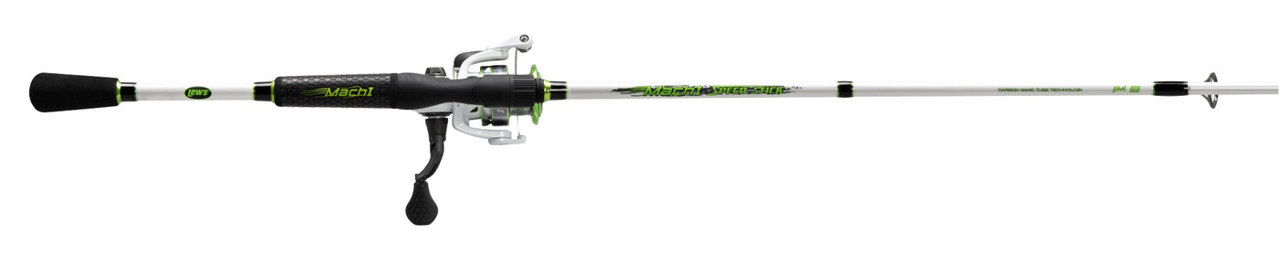 Lew's Mach 1 Speed Spin spinning rod and reel combo on a white background, showcasing the sleek design.