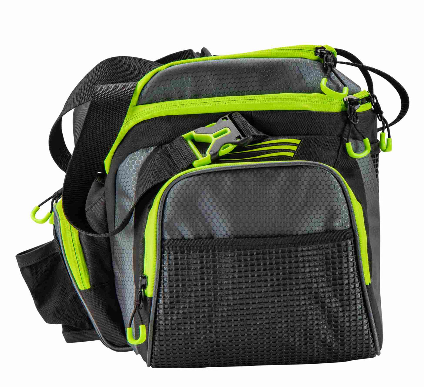 Side view of Lew's Mach fishing tackle bag in green and black