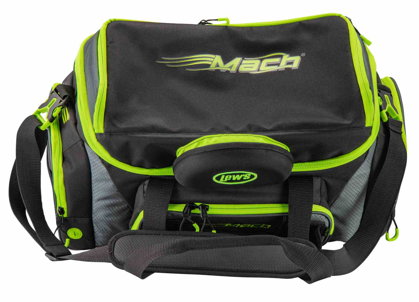 Lew's Mach fishing tackle bag with multiple compartments in green and black