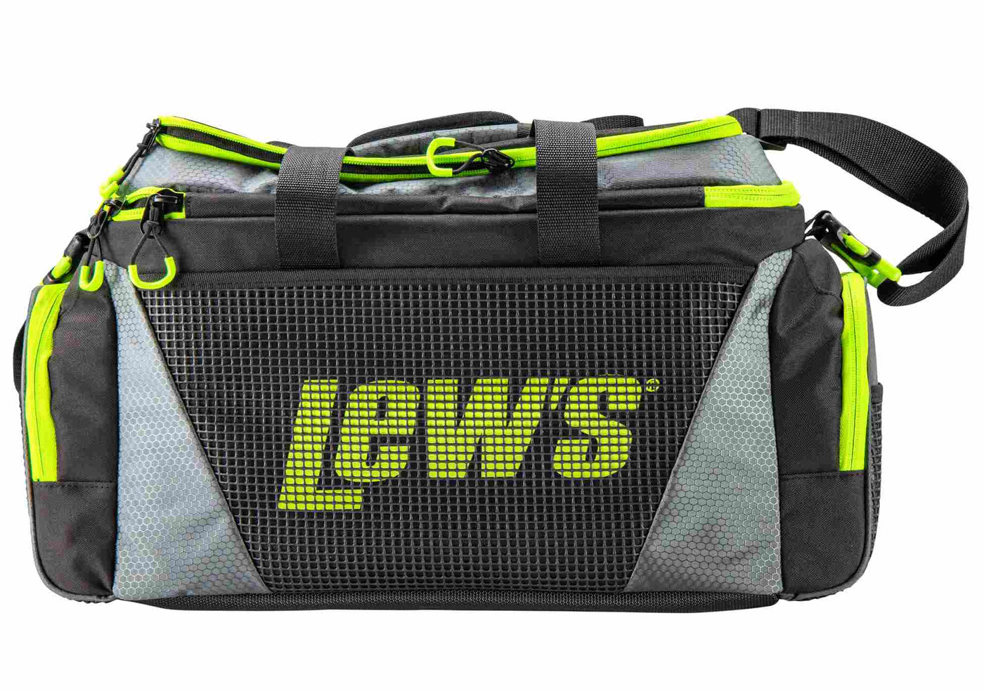 Portable Lew's Mach green and black fishing tackle bag