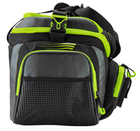 Side view of Lew's Mach fishing tackle bag in green and black