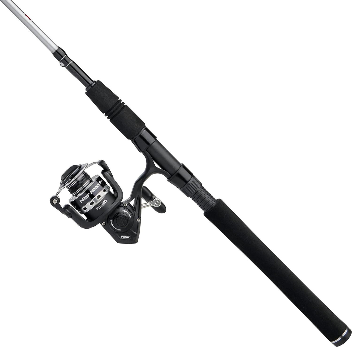 Close-up of the PENN Pursuit IV spinning reel attached to the fishing rod, highlighting the reel's details and finish.