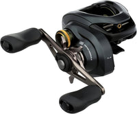 himano Curado CU200XGK low profile baitcasting reel with metallic finish and ergonomic handle.