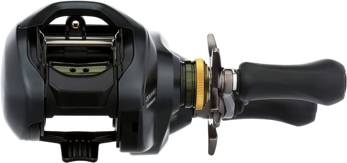 Close-up of Shimano Curado 200XGK fishing reel showing detailed gearing and spool.