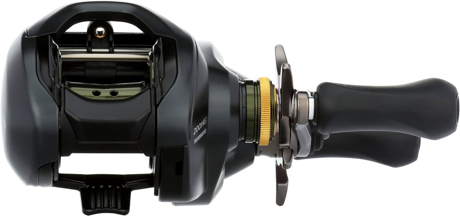 Close-up of Shimano Curado 200XGK fishing reel showing detailed gearing and spool.