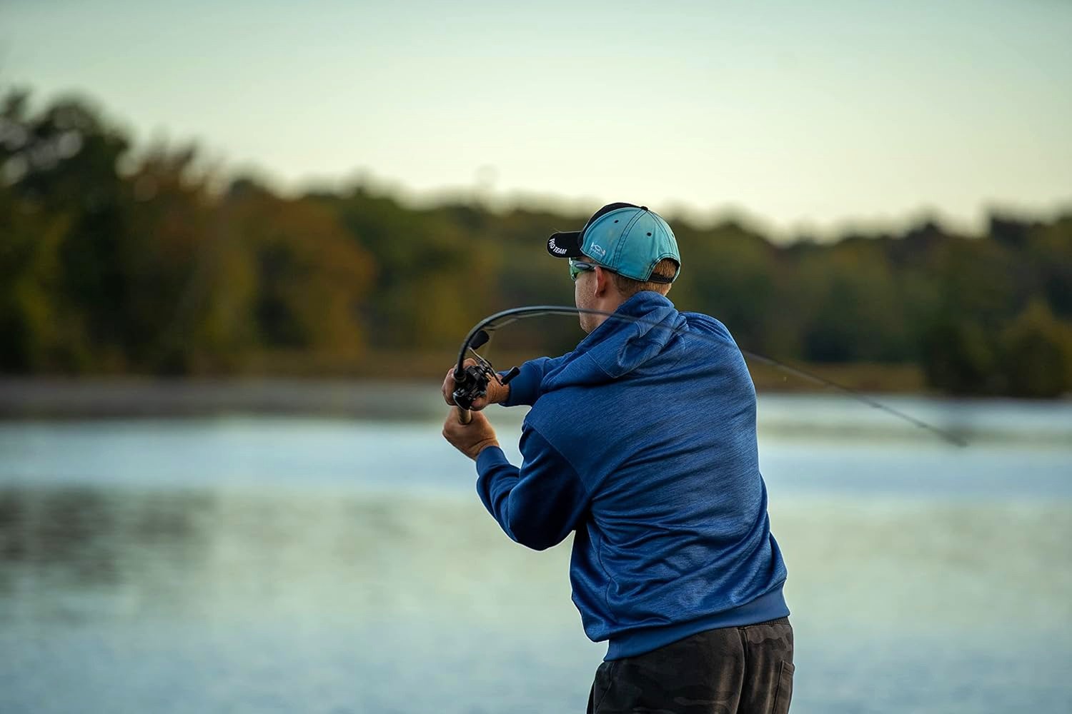 Angler's view of Shimano Curado K 200 baitcasting reel mounted on a fishing rod.