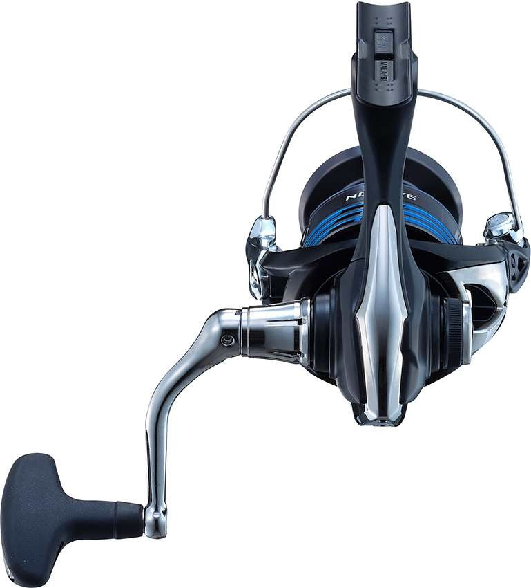 Angled view of Shimano NEXAVE 1000FI spinning reel, emphasizing its smooth drag adjustment knob.